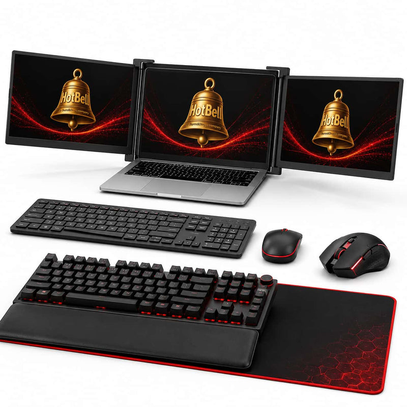 HotBell workspace technology including monitors, keyboard, mouse and desk accessories