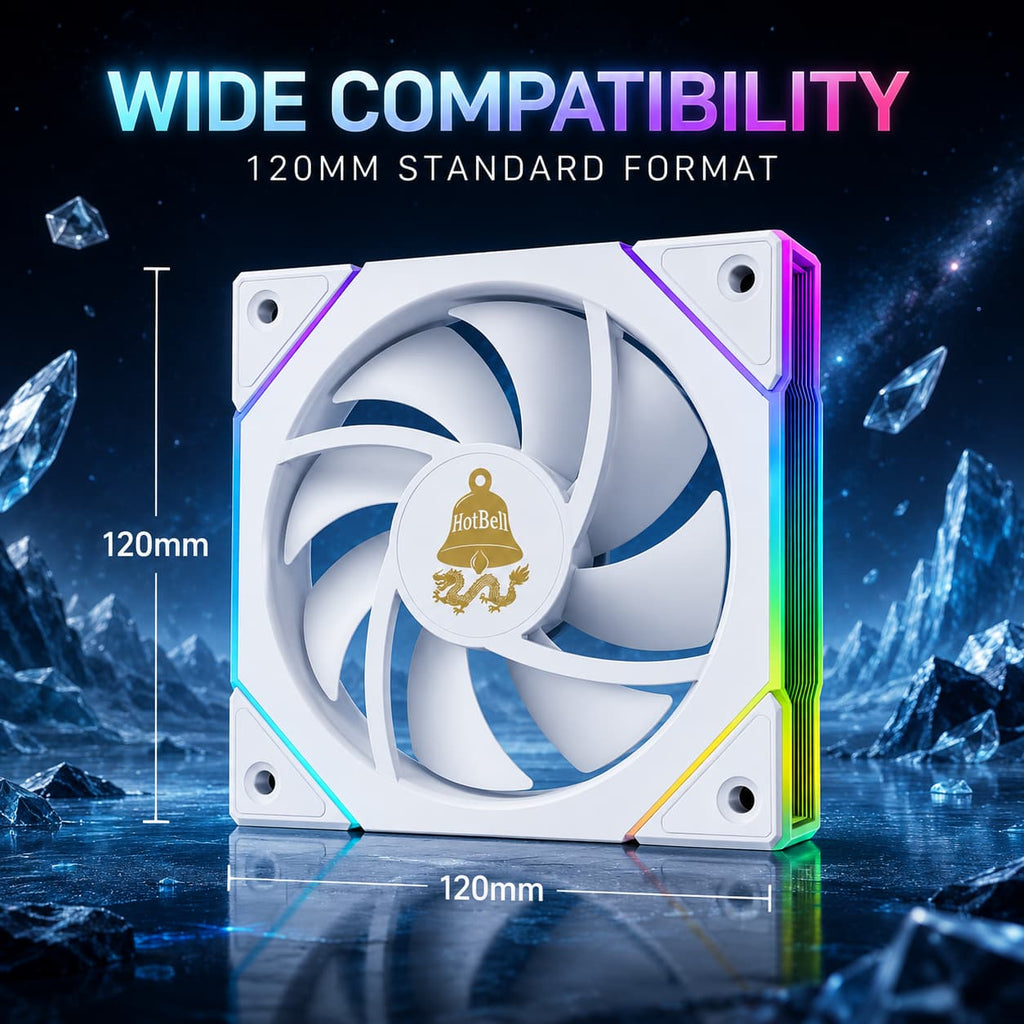 White HotBell 120mm ARGB PWM case fan showing the standard 120 × 120 mm size for compatible PC cases and radiators.