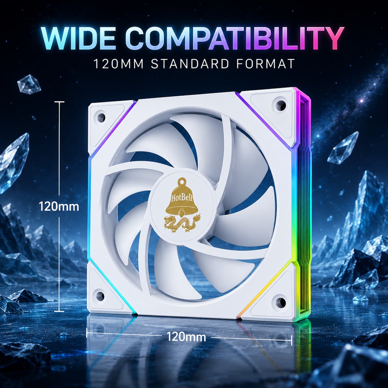 White HotBell 120mm ARGB PWM case fan showing the standard 120 × 120 mm size for compatible PC cases and radiators.