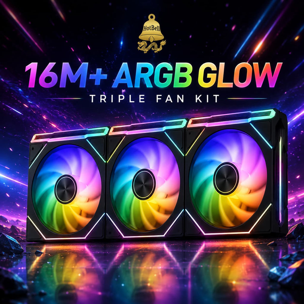 Three-pack HotBell 120mm ARGB PWM case fan kit with synchronized multicolor lighting for custom gaming PC builds.
