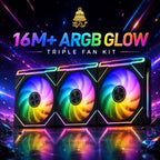 Three-pack HotBell 120mm ARGB PWM case fan kit with synchronized multicolor lighting for custom gaming PC builds.