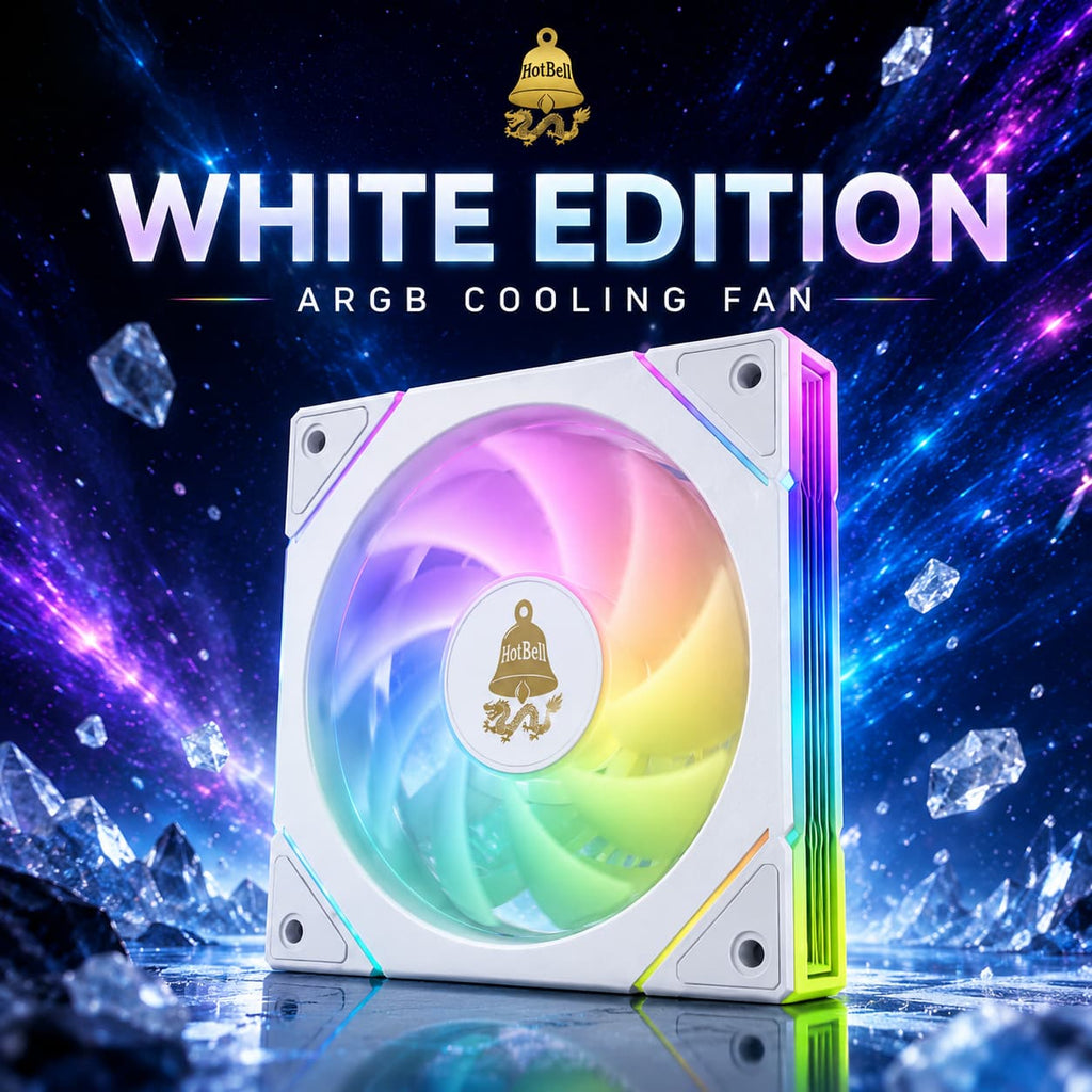 White HotBell 120mm ARGB PWM case fan with illuminated blades and colorful edge lighting on a blue cosmic background.