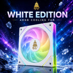 White HotBell 120mm ARGB PWM case fan with illuminated blades and colorful edge lighting on a blue cosmic background.