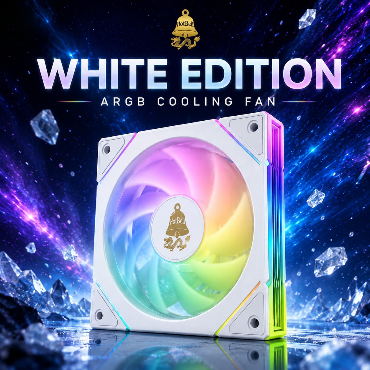 White HotBell 120mm ARGB PWM case fan with illuminated blades and colorful edge lighting on a blue cosmic background.