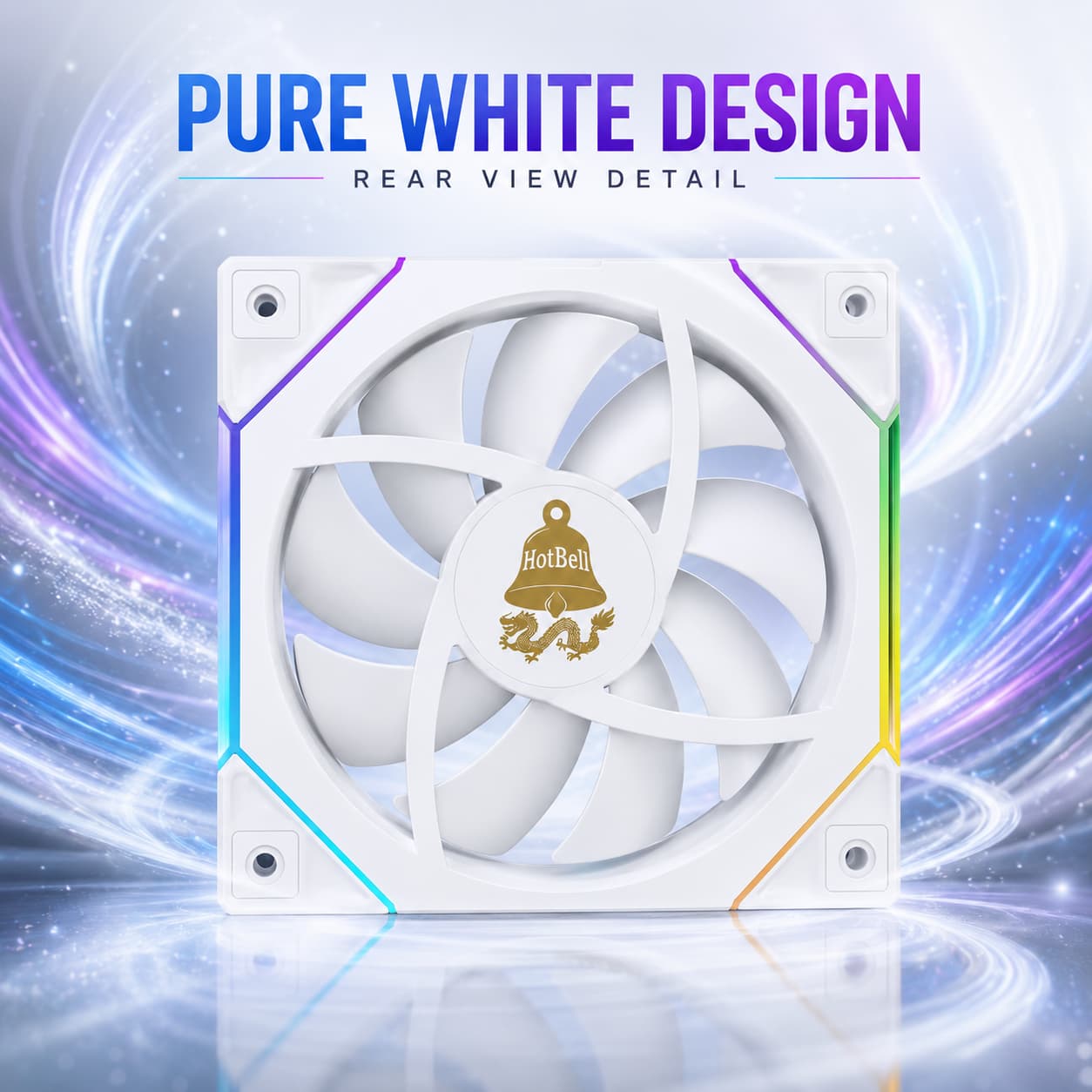 Rear view of a white HotBell 120mm ARGB PWM case fan showing the white frame, fan blades, and RGB edge accents.