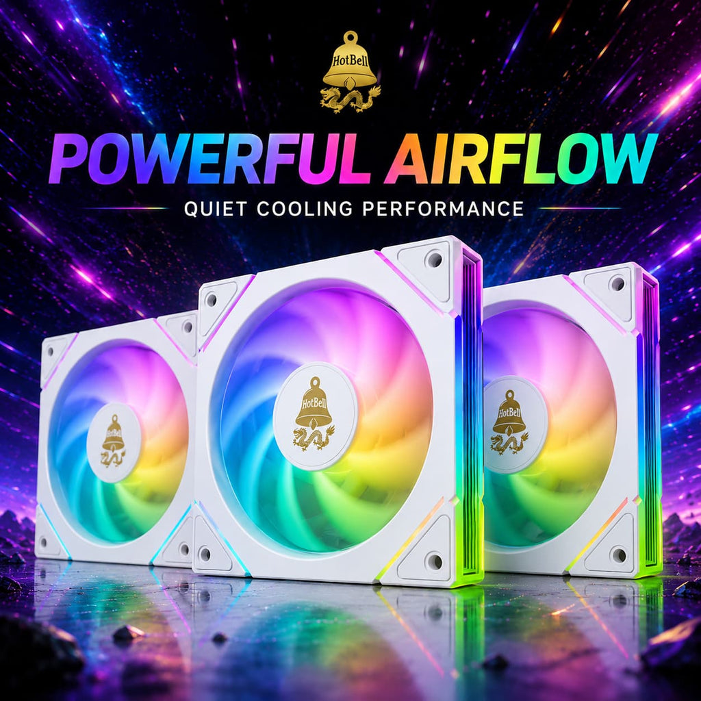 Three white HotBell 120mm ARGB PWM case fans with rainbow lighting, designed for powerful airflow and quiet PC cooling.