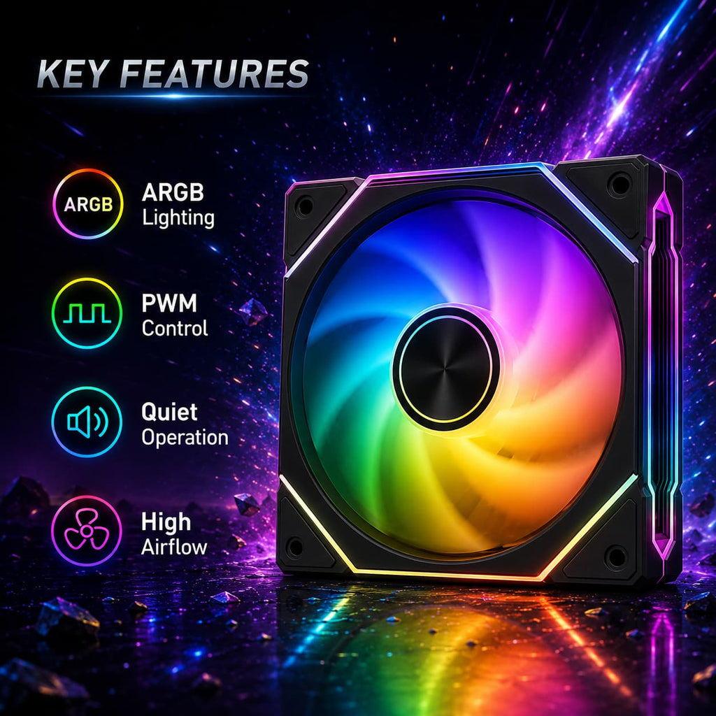 Black HotBell 120mm ARGB PWM case fan highlighting ARGB lighting, PWM control, quiet operation, and high airflow.