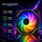 Black HotBell 120mm ARGB PWM case fan highlighting ARGB lighting, PWM control, quiet operation, and high airflow.