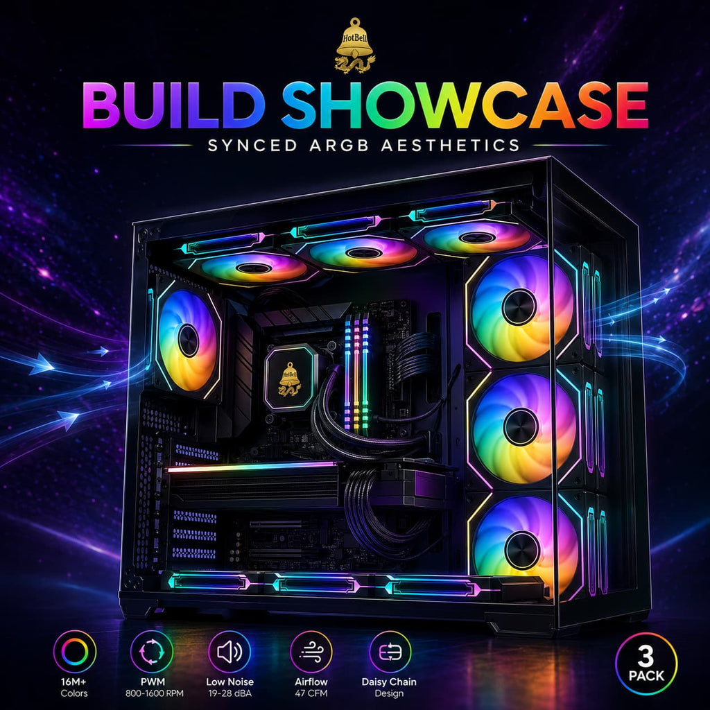 Gaming PC build with multiple HotBell 120mm ARGB PWM case fans installed for synchronized lighting and airflow.