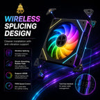 Black HotBell 120mm ARGB PWM case fan showing interlocking connections, anti-vibration pads, and illuminated edge accents.