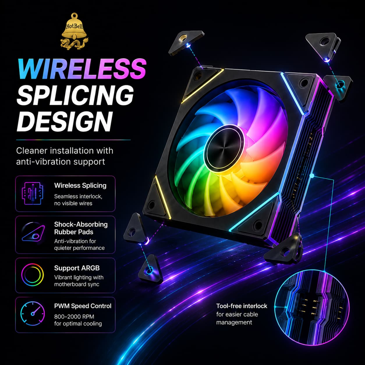 Black HotBell 120mm ARGB PWM case fan showing interlocking connections, anti-vibration pads, and illuminated edge accents.
