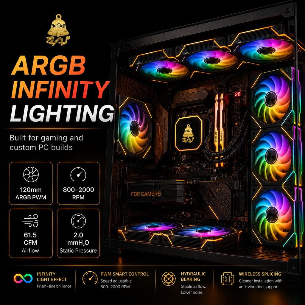 Custom gaming PC with HotBell 120mm ARGB PWM case fans, 800–2000 RPM speed control, and infinity lighting effects.