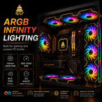 Custom gaming PC with HotBell 120mm ARGB PWM case fans, 800–2000 RPM speed control, and infinity lighting effects.