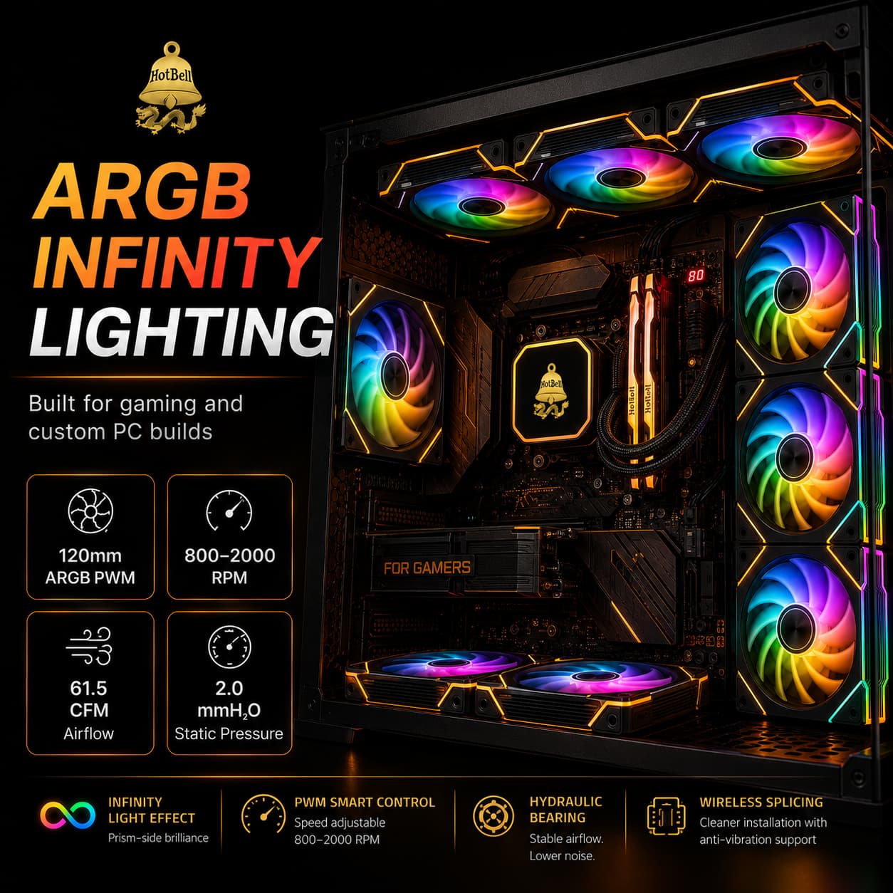 Custom gaming PC with HotBell 120mm ARGB PWM case fans, 800–2000 RPM speed control, and infinity lighting effects.