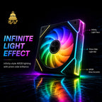 Black HotBell 120mm ARGB PWM case fan with infinity-style front lighting, illuminated side bars, and RGB edge accents.