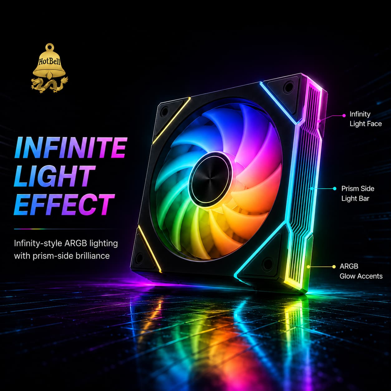 Black HotBell 120mm ARGB PWM case fan with infinity-style front lighting, illuminated side bars, and RGB edge accents.