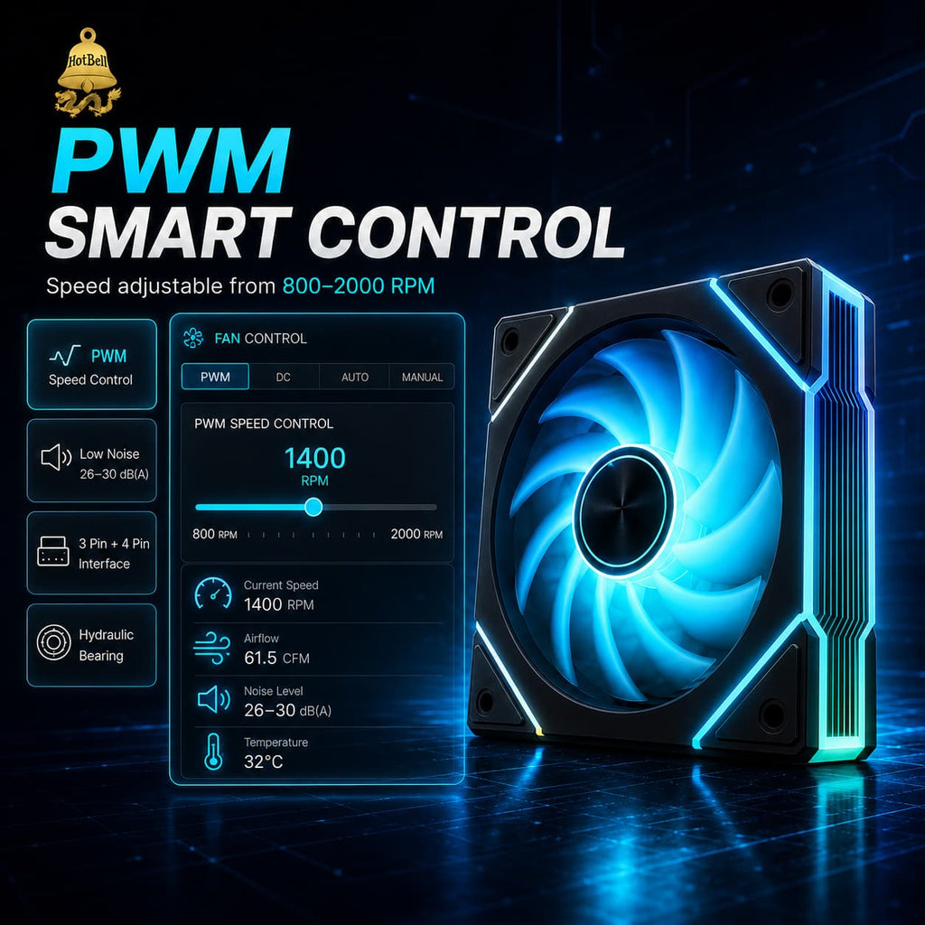 Black HotBell 120mm ARGB PWM case fan with adjustable 800–2000 RPM speed control and hydraulic bearing.