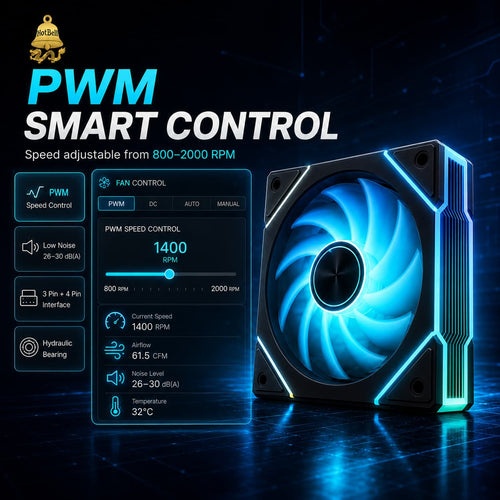 Black HotBell 120mm ARGB PWM case fan with adjustable 800–2000 RPM speed control and hydraulic bearing.
