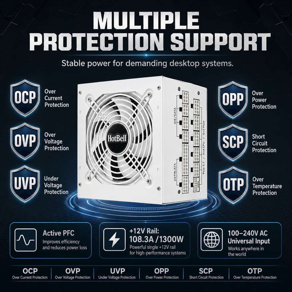 HotBell 1300W fully modular power supply infographic showing OCP, OVP, UVP, OPP, SCP, and OTP protection