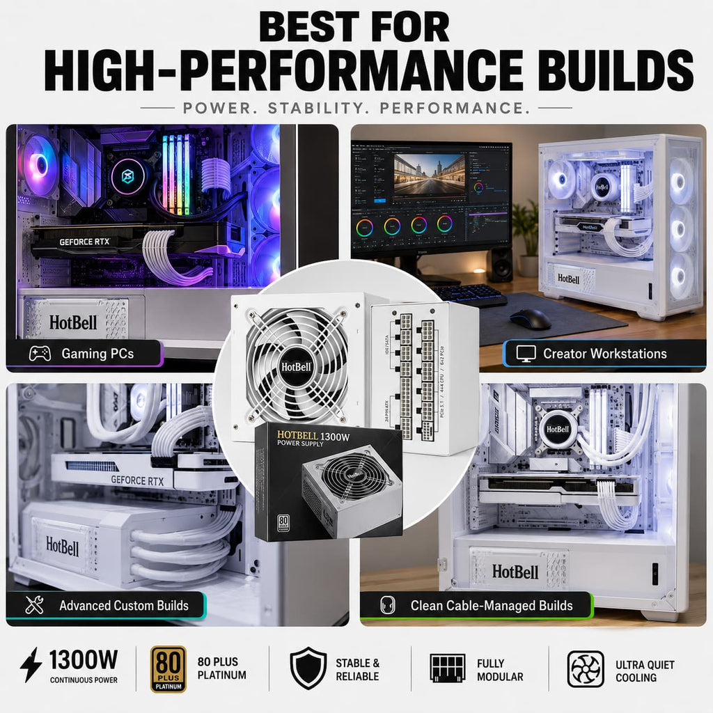 HotBell 1300W power supply for gaming PCs, creator workstations, custom desktop builds, and cable-managed systems