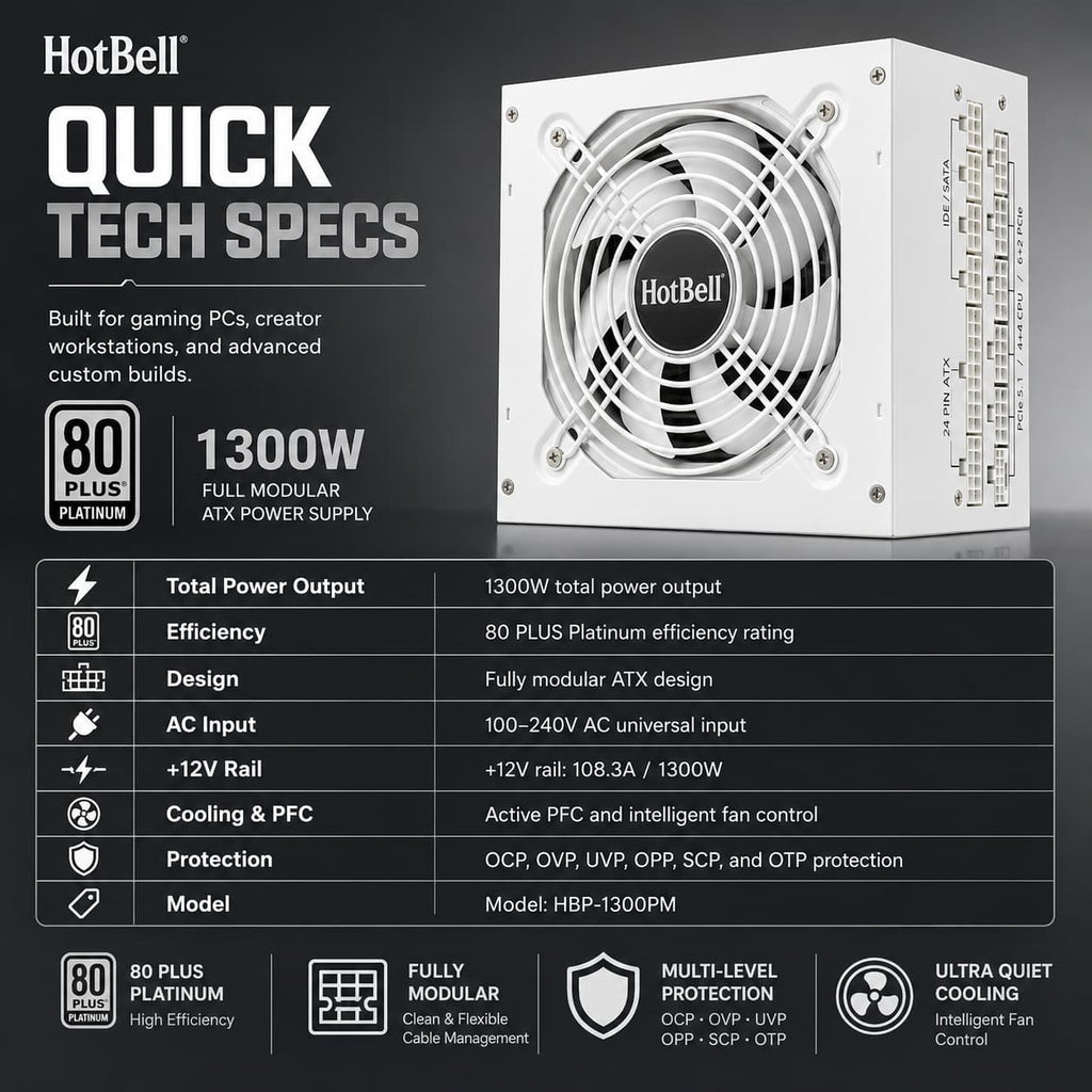 HotBell HBP-1300PM white 1300W fully modular ATX power supply with technical specifications and protection features
