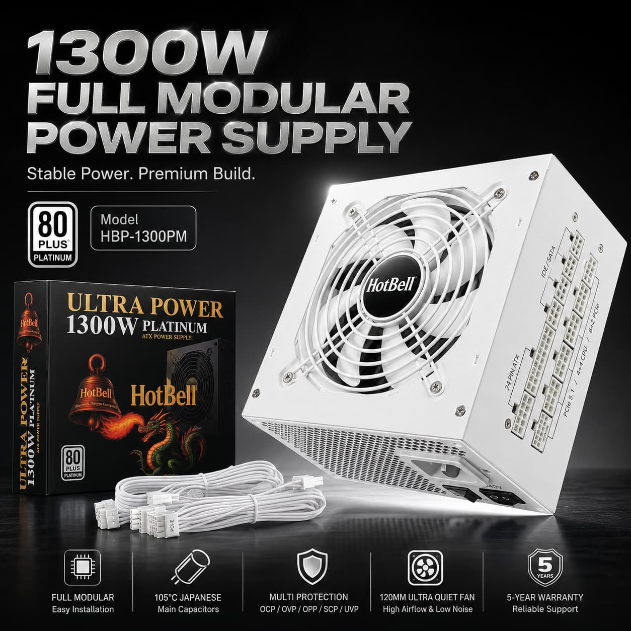 HotBell HBP-1300PM 1300W 80 Plus Platinum fully modular white ATX power supply with retail box and modular cables