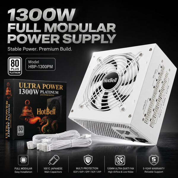 HotBell HBP-1300PM 1300W 80 Plus Platinum fully modular white ATX power supply with retail box and modular cables