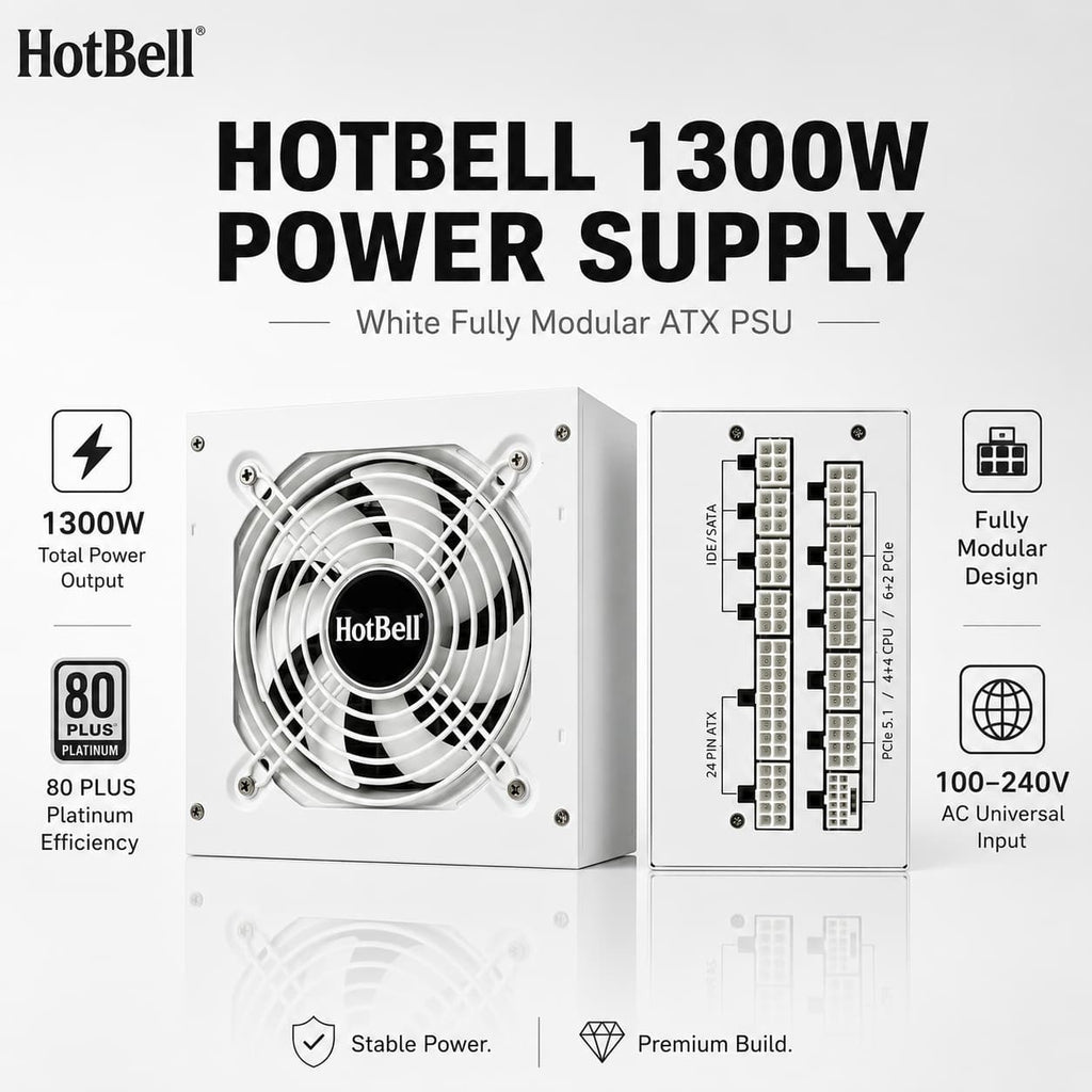 HotBell 1300W white fully modular ATX power supply showing the cooling fan and modular cable connector panel