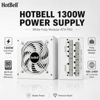 HotBell 1300W white fully modular ATX power supply showing the cooling fan and modular cable connector panel