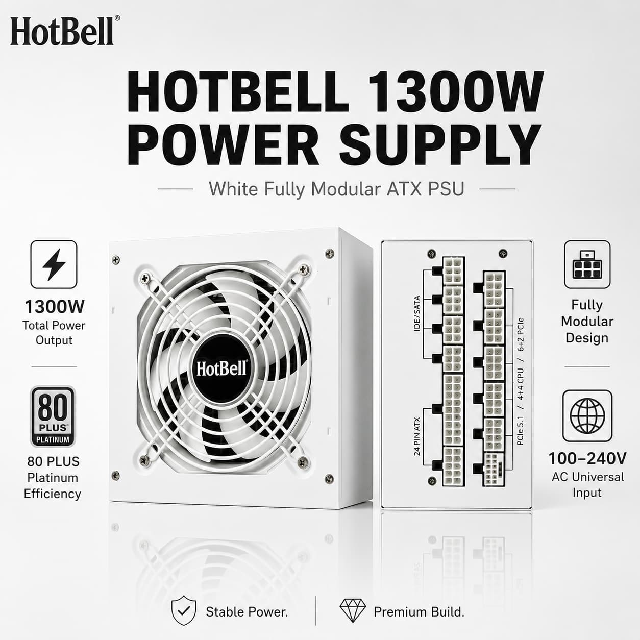 HotBell 1300W white fully modular ATX power supply showing the cooling fan and modular cable connector panel