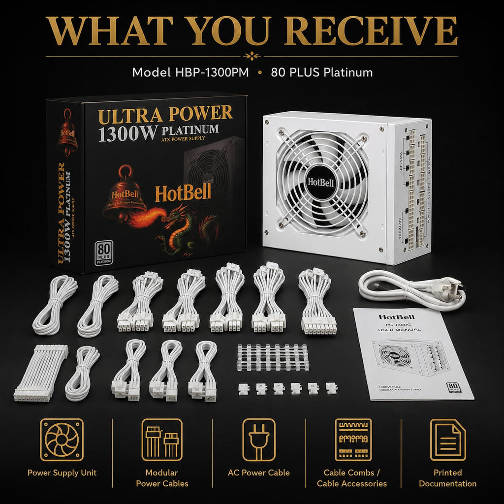 HotBell HBP-1300PM 1300W modular power supply kit with retail box, white cables, accessories, and user manual