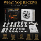 HotBell HBP-1300PM 1300W modular power supply kit with retail box, white cables, accessories, and user manual