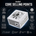 HotBell 1300W fully modular white ATX power supply infographic showing Platinum efficiency, universal input, fan control, and protection features