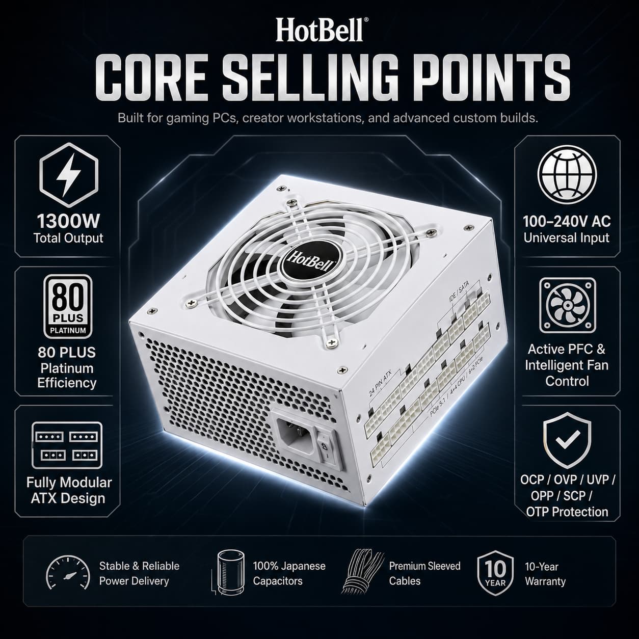 HotBell 1300W fully modular white ATX power supply infographic showing Platinum efficiency, universal input, fan control, and protection features
