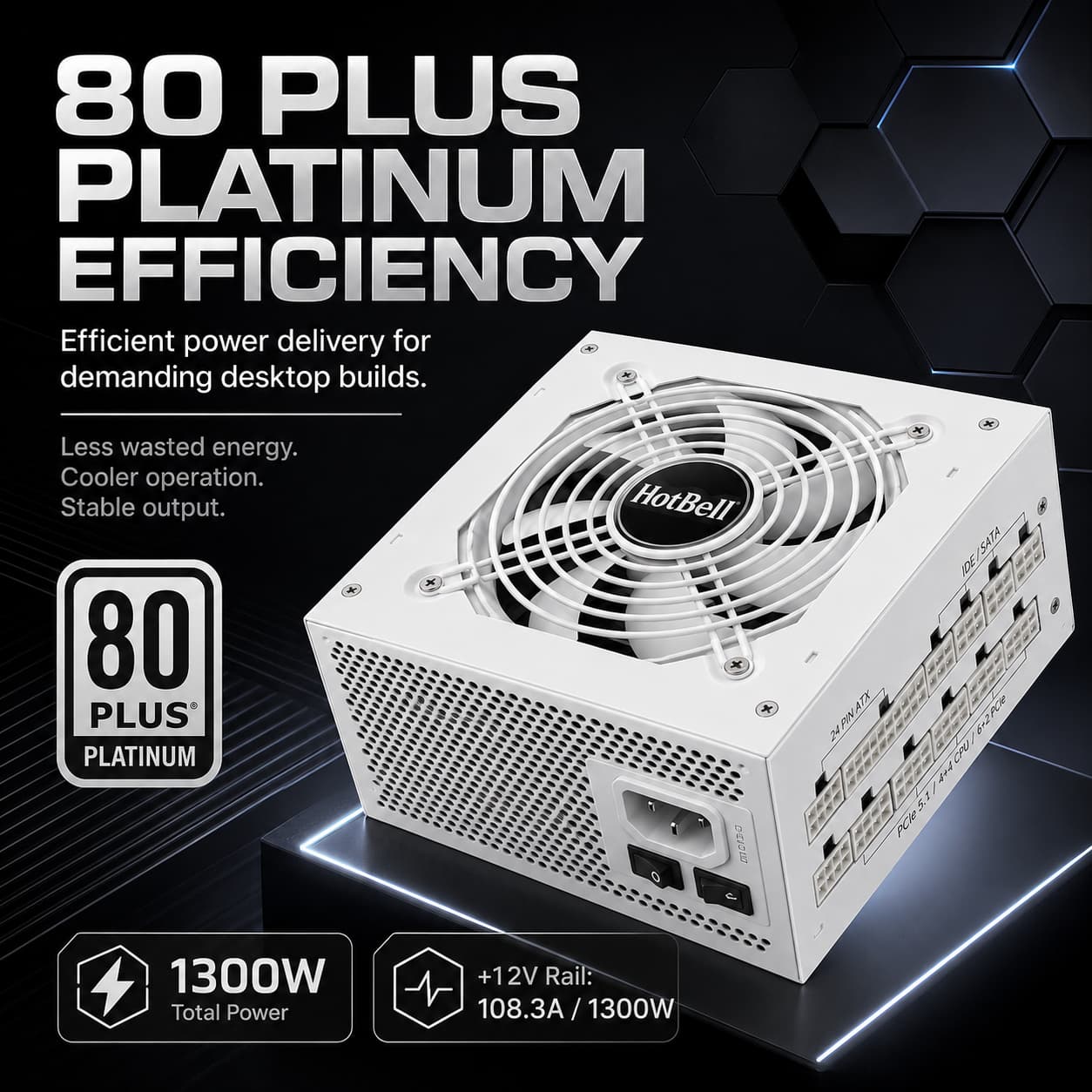 HotBell 1300W 80 Plus Platinum power supply highlighting efficient power delivery and a 108.3A single 12V rail