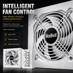HotBell 1300W white ATX power supply with 120mm cooling fan and intelligent fan control feature overview