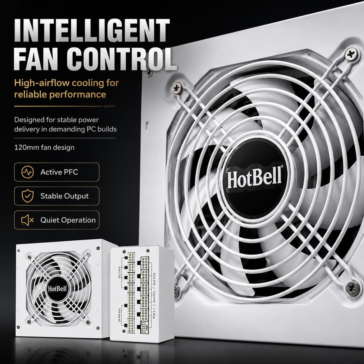 HotBell 1300W white ATX power supply with 120mm cooling fan and intelligent fan control feature overview