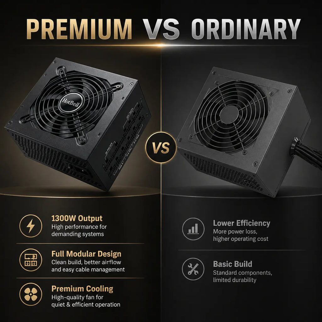 HotBell premium 1300W fully modular power supply compared with a standard non-modular PC power supply
