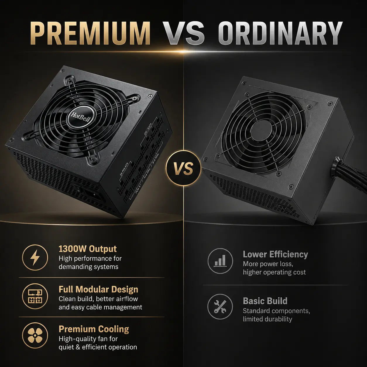 HotBell premium 1300W fully modular power supply compared with a standard non-modular PC power supply