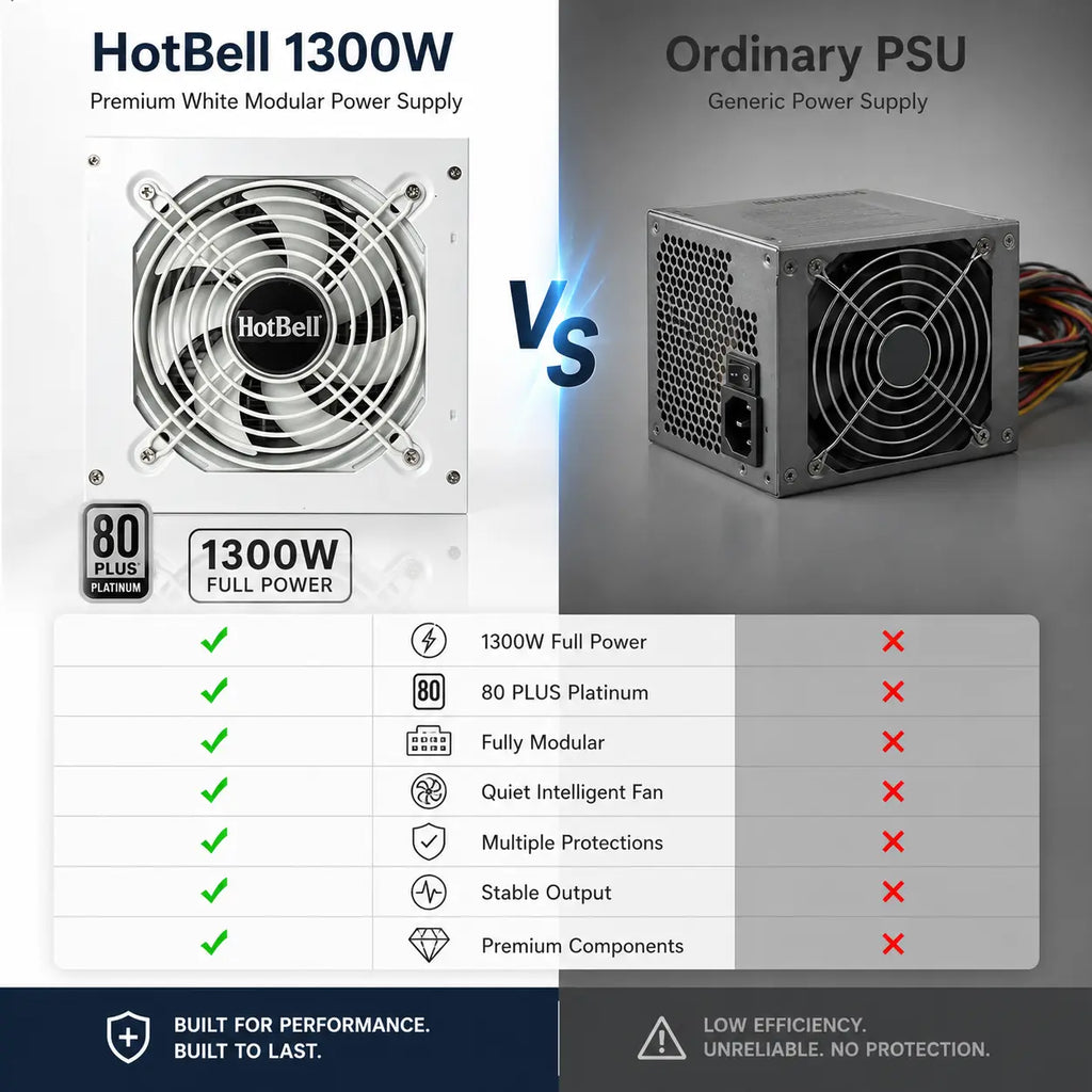 HotBell white 1300W fully modular power supply compared with an ordinary generic PC power supply
