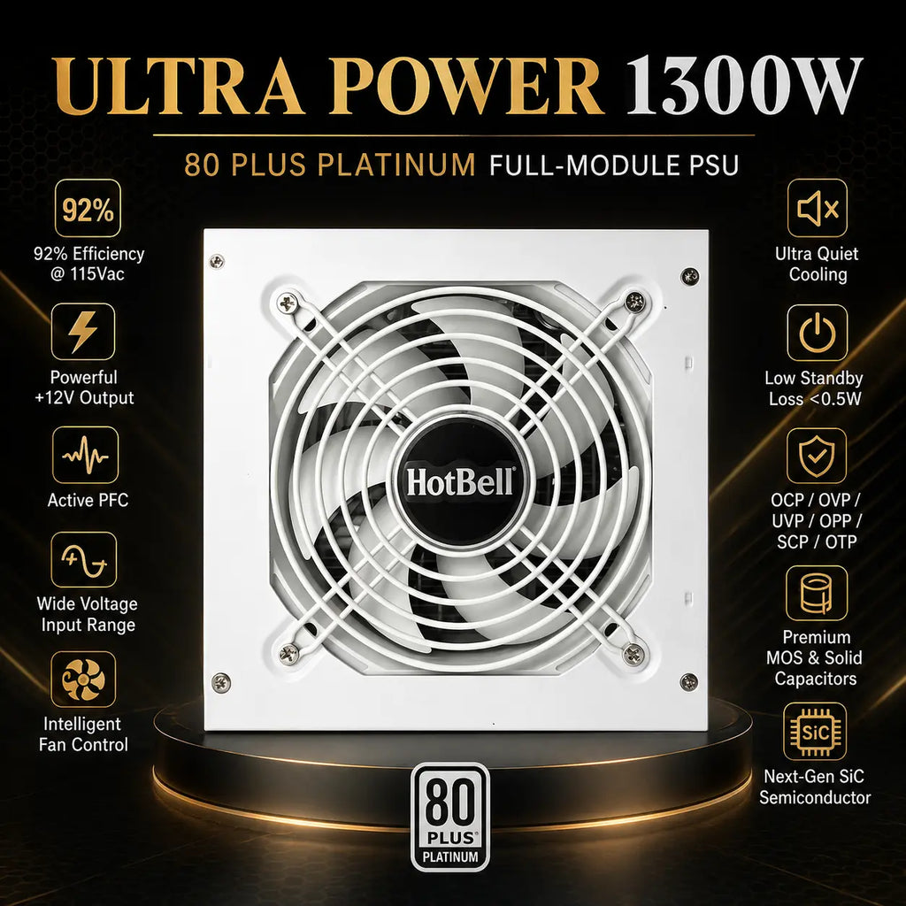 HotBell white 1300W 80 PLUS Platinum fully modular power supply with cooling, protection, and efficiency features