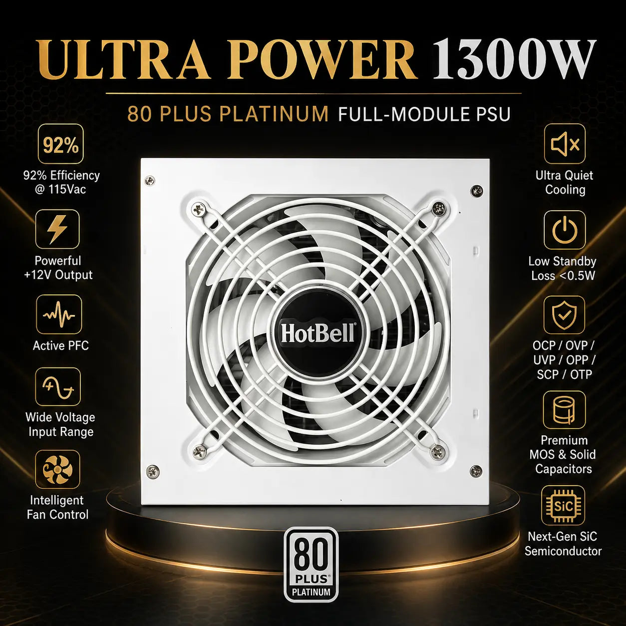 HotBell white 1300W 80 PLUS Platinum fully modular power supply with cooling, protection, and efficiency features