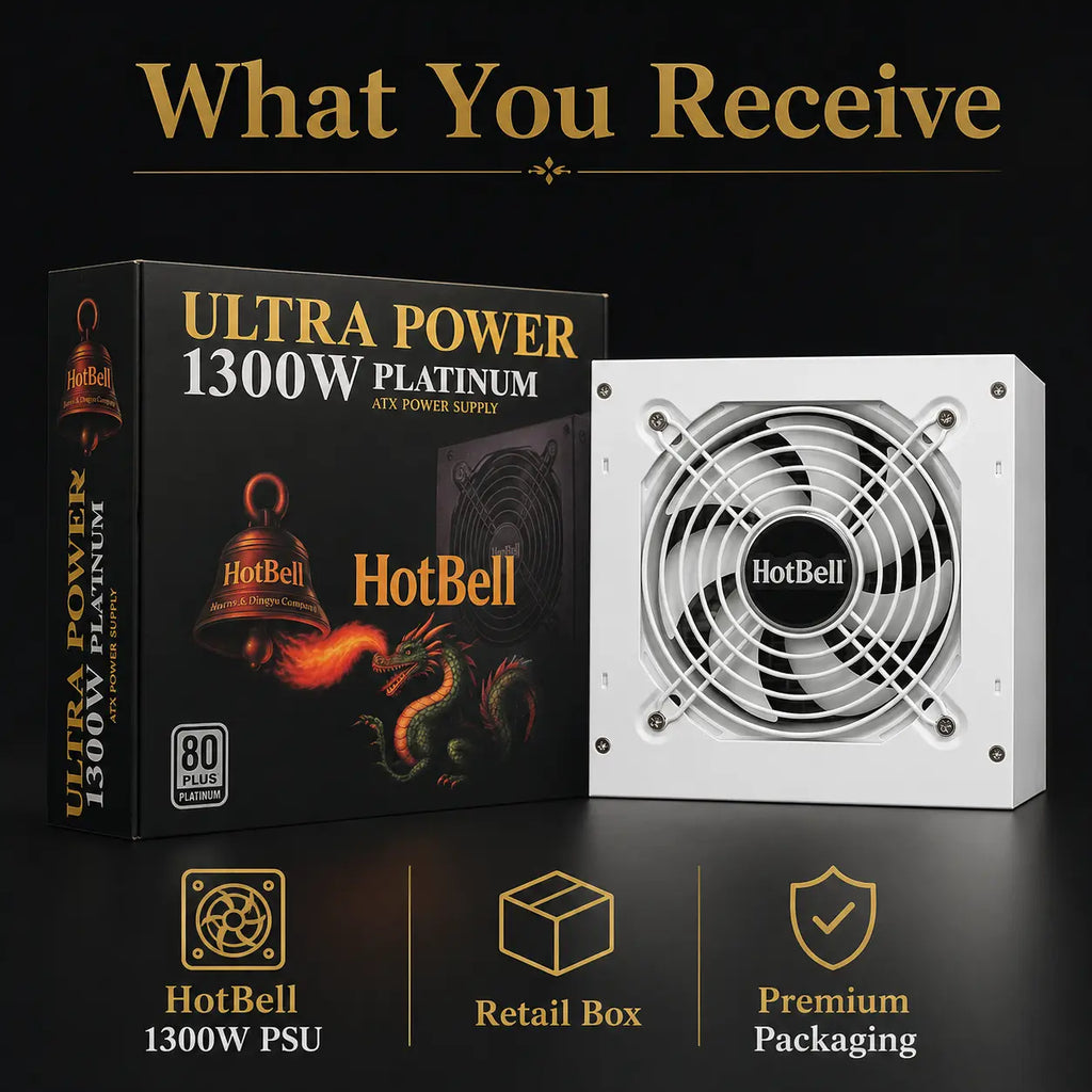HotBell Ultra Power 1300W Platinum ATX power supply shown with retail packaging on a black background