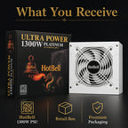 HotBell Ultra Power 1300W Platinum ATX power supply shown with retail packaging on a black background