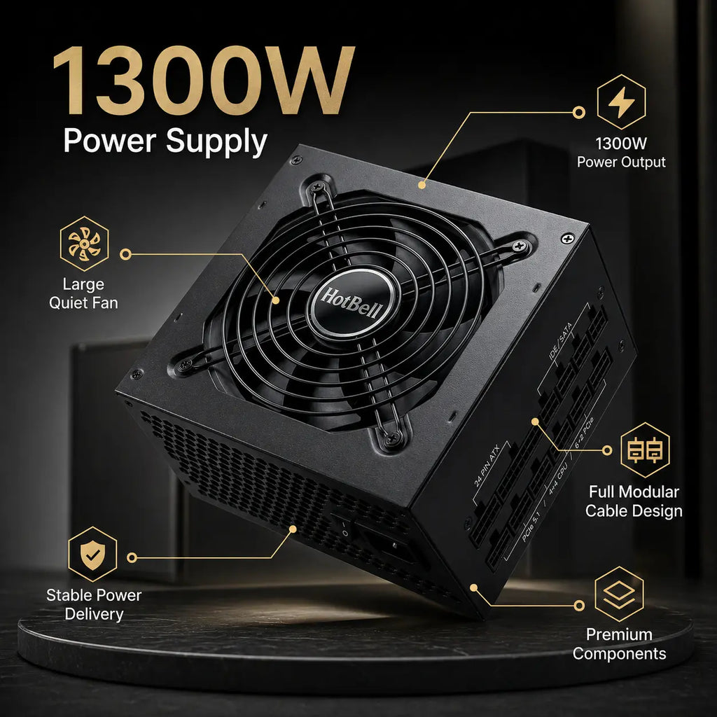 HotBell black 1300W fully modular PC power supply with quiet fan, stable output, and premium component callouts