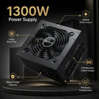 HotBell black 1300W fully modular PC power supply with quiet fan, stable output, and premium component callouts