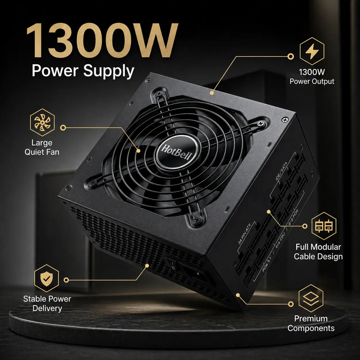 HotBell black 1300W fully modular PC power supply with quiet fan, stable output, and premium component callouts