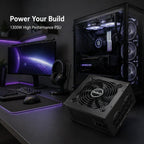 HotBell 1300W high-performance power supply displayed beside a gaming desktop PC with RGB cooling and GeForce RTX graphics