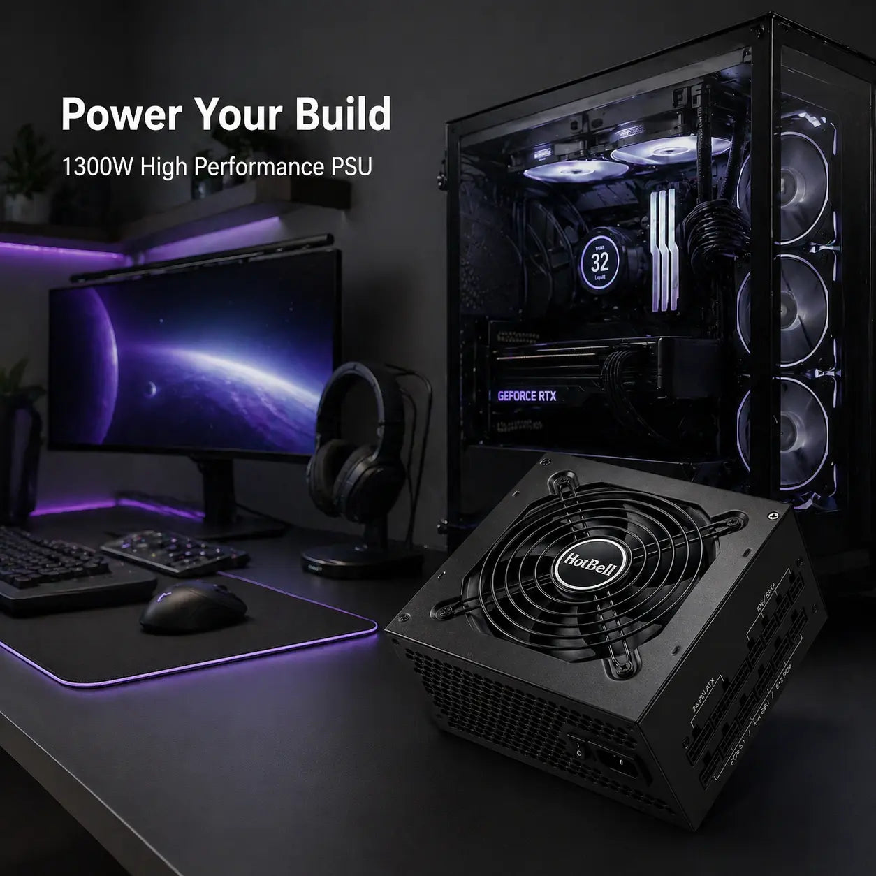 HotBell 1300W high-performance power supply displayed beside a gaming desktop PC with RGB cooling and GeForce RTX graphics