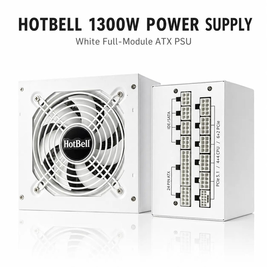 HotBell 1300W white fully modular ATX power supply with front cooling fan and modular connector panel on a white background
